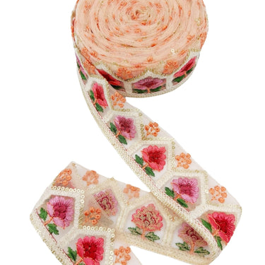 9 Yards Peach Soft Net Lace Trim Floral Embroidery and Gold Sequins, Floral Sari Border, Decorative Trim